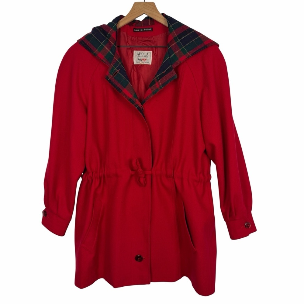 AVOCA Womens 100% Irish Wool Red Jacket Coat Tartan Plaid Accents Hood Large